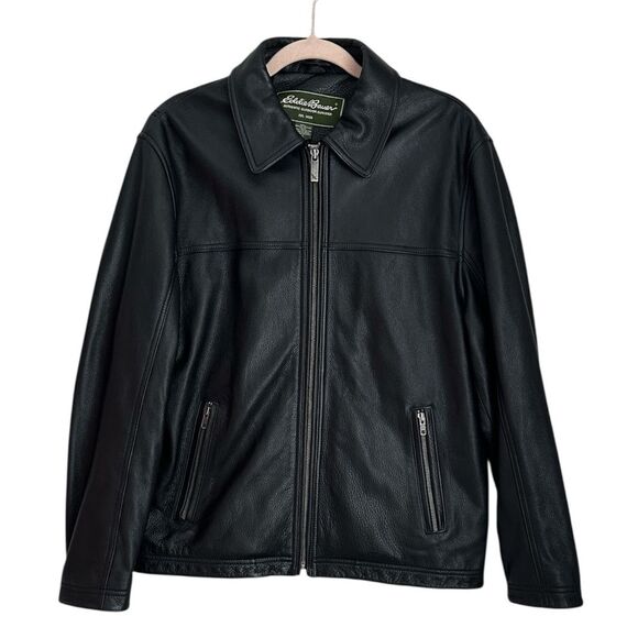 Eddie Bauer VTG Men’s Black Leather Bomber Jacket Full Zip Collared Size M - Picture 1 of 16